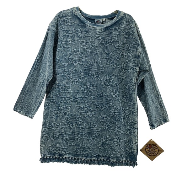 Produce Company Dress Womens Small Blue Laundered Cotton Fringe Bottom Shift NWT - Picture 1 of 12